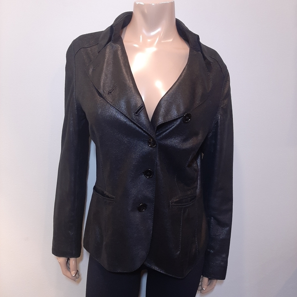 Anne Klein Coated Geniune Leather Jacket Moto Style Single Breasted Black Medium - Picture 3 of 15